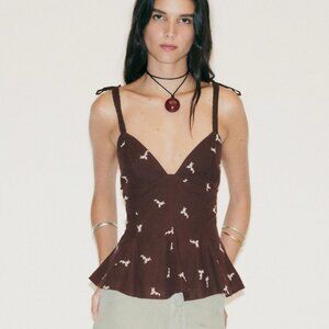 ZARA Floral Embroidered Linen Peplum Top, Brown S NWT